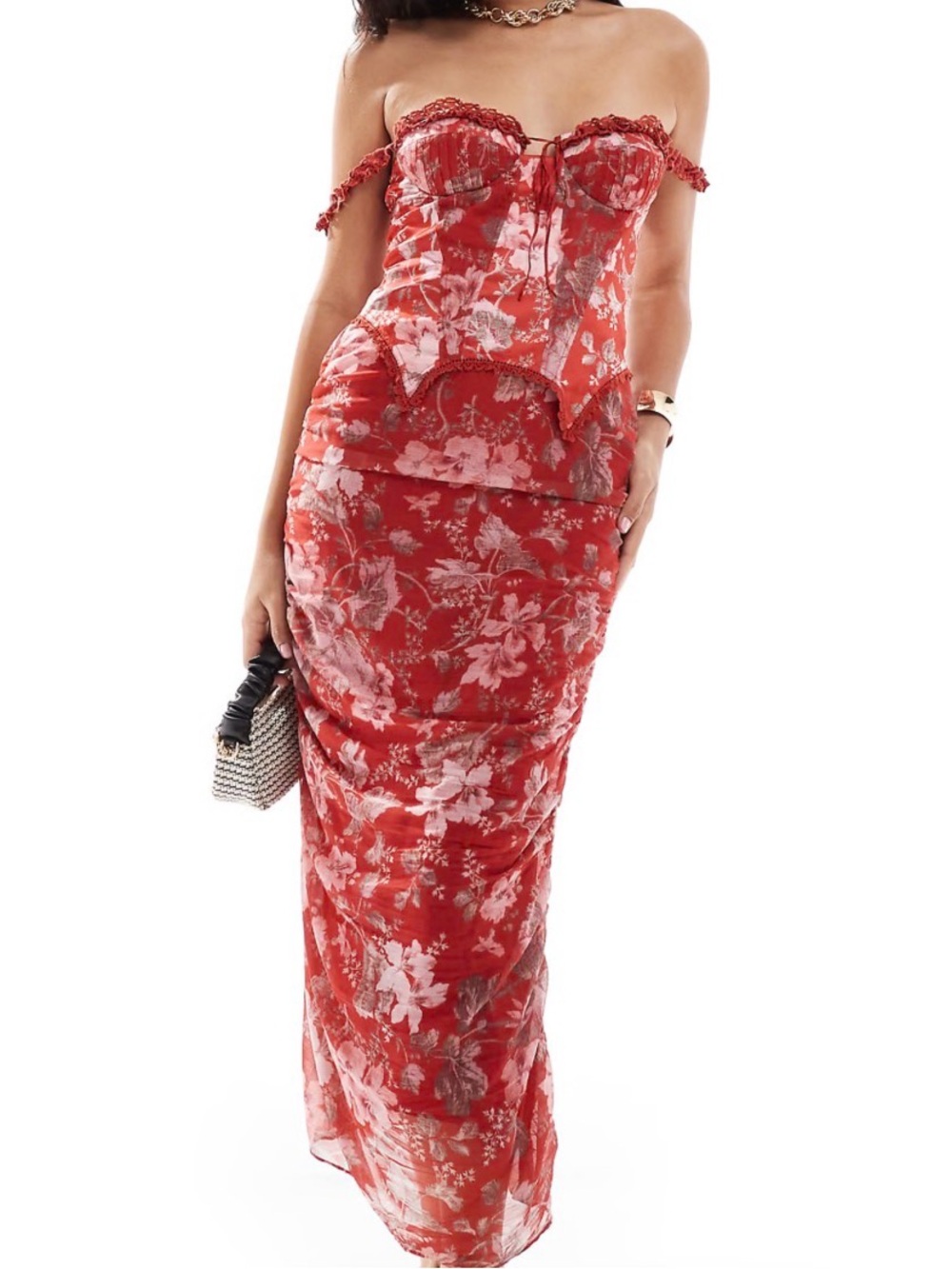 ASOS Design Floral Dress Corset Style Lace Ruched Skirt Size 10 Red Pink New
